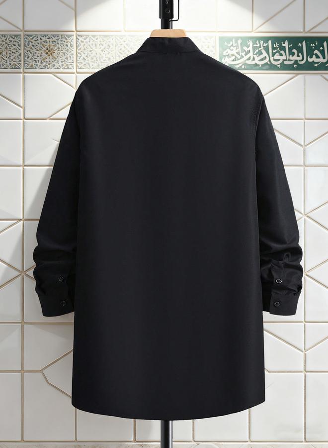 Take Two Men Black Plain Kurta with Stand Collar - Image 3